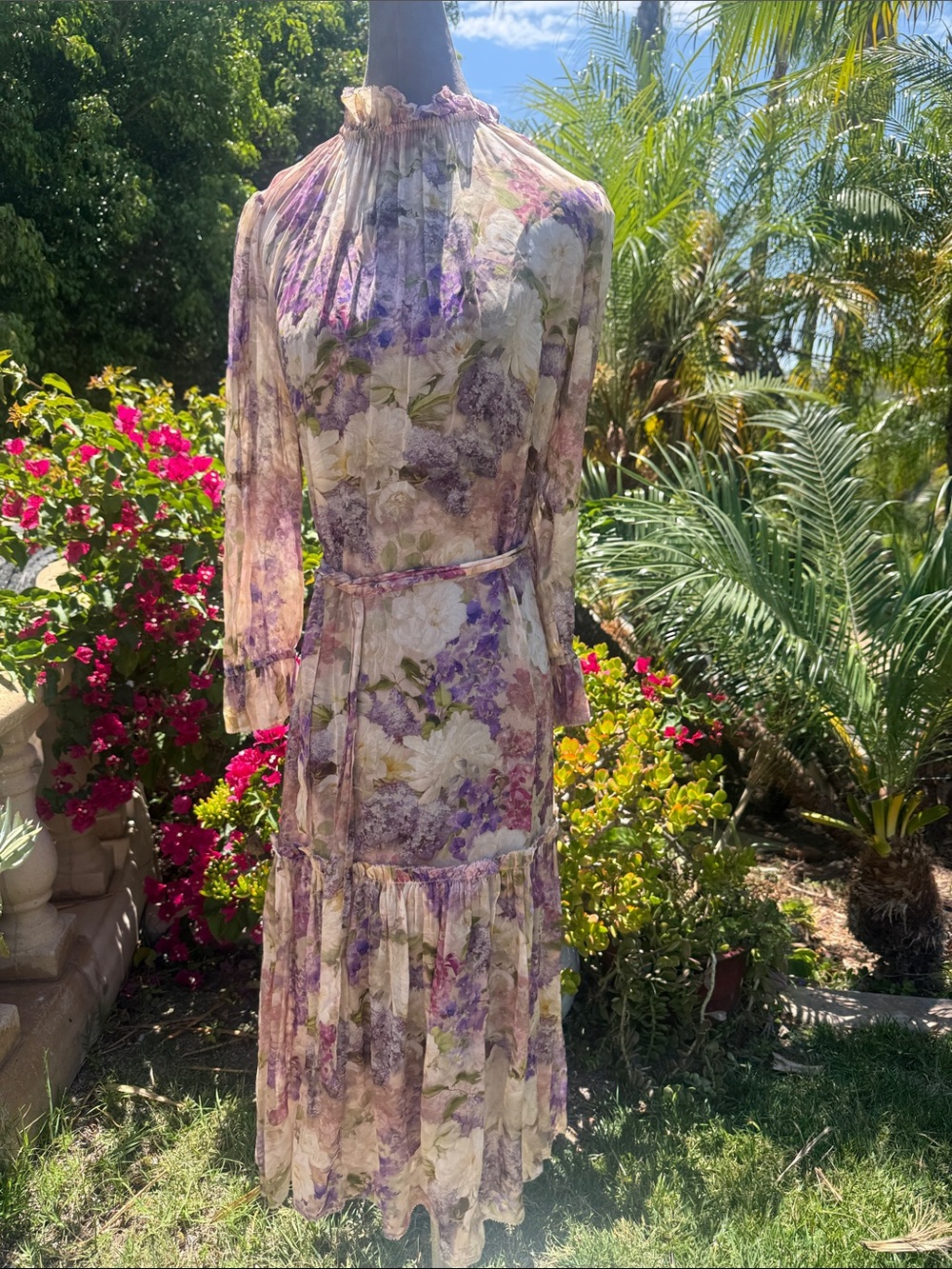Zimmerman New Size 1 Floral Tiered Long-Sleeve Midi Dress in Lavender and Cream